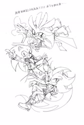 Size: 1364x2048 | Tagged: safe, artist:waaii132299, shadow the hedgehog, silver the hedgehog, sonic the hedgehog, 2024, alternate outfit, alternate shoes, fully clothed, greyscale, jacket, monochrome, mouth open, pants, psychokinesis, simple background, sketch, smile, trio, white background