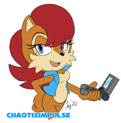 Size: 648x658 | Tagged: safe, artist:chaotiximpulse, sally acorn, 2020, flat colors, hand on hip, holding something, lidded eyes, looking at viewer, mouth open, open smile, signature, smile, solo, standing