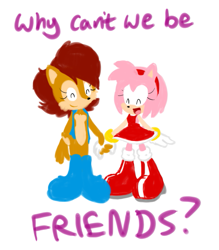 Size: 793x905 | Tagged: safe, artist:sonicschilidog, amy rose, sally acorn, 2011, amybetes, duo, english text, eyelashes, eyes closed, holding hands, lineless, mouth open, no outlines, open smile, positivity, sallabetes, simple background, smile, standing, text, white background