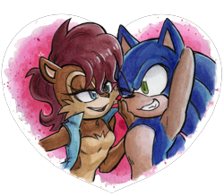 Size: 1280x1122 | Tagged: safe, artist:viciousbutprecious, sally acorn, sonic the hedgehog, chipmunk, hedgehog, 2026, duo, female, hand on cheek, looking at each other, male, sally x sonic, sally's vest and boots, shipping, straight