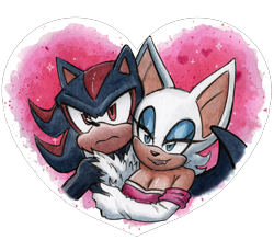 Size: 1280x1122 | Tagged: safe, artist:viciousbutprecious, rouge the bat, shadow the hedgehog, bat, hedgehog, 2026, duo, female, heart background, holding each other, male, shadouge, shipping, straight