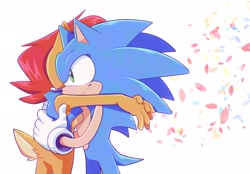 Size: 2048x1423 | Tagged: safe, artist:jadepesky, sally acorn, sonic the hedgehog, 2025, duo, hugging, leaf, sally x sonic, sally's vest and boots, shipping, straight, white background