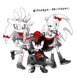 Size: 1024x1020 | Tagged: safe, artist:waaii132299, shadow the hedgehog, silver the hedgehog, sonic the hedgehog, 2024, bow, chinese text, cigarette, crossdressing, greyscale, grin, holding something, looking at viewer, monochrome, mouth open, school uniform, schoolgirl outfit, shirt, simple background, skirt, smile, smoke, smoking, spot color, standing, trio, v sign, white background, wink