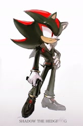 Size: 1718x2626 | Tagged: safe, artist:waaii132299, shadow the hedgehog, 2024, alternate outfit, alternate shoes, character name, fully clothed, gun, hand on hip, holding something, jacket, pants, simple background, solo, standing, white background
