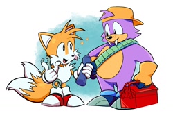 Size: 1741x1206 | Tagged: safe, miles "tails" prower, rotor walrus, fox, walrus, sonic mania, 2024, cap, classic rotor, classic tails, duo, hat, holding something, male, talking, wrench