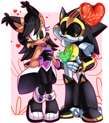 Size: 1600x1800 | Tagged: safe, artist:galaxynite, nicole the hololynx, shard the metal, lynx, 2017, balloon, duo, female, heart, male, robot, shardicole, shipping, shy, straight, valentine's day