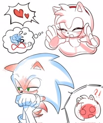 Size: 1715x2048 | Tagged: safe, artist:tamjeong_sonic, amy rose, sonic the hedgehog, 2026, amy x sonic, blushing, blushing ears, duo, eyes closed, heart, lidded eyes, mouth open, running, shipping, simple background, smile, speech bubble, standing, straight, thought bubble, wagging tail, white background