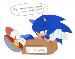 Size: 1962x1548 | Tagged: safe, artist:tamjeong_sonic, sonic the hedgehog, 2026, box, cardboard box, korean text, lidded eyes, looking at viewer, simple background, sitting, solo, speech bubble, white background