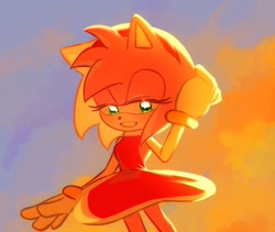 Size: 1344x1134 | Tagged: safe, artist:tamjeong_sonic, amy rose, 2026, blushing, clouds, hand on own head, lidded eyes, looking at viewer, outdoors, smile, solo, standing