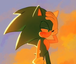 Size: 1344x1134 | Tagged: safe, artist:tamjeong_sonic, sonic the hedgehog, 2026, blushing, clouds, hand on own head, lidded eyes, outdoors, solo, standing