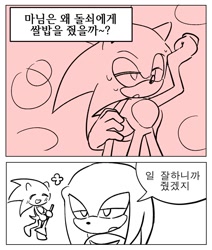 Size: 1028x1211 | Tagged: safe, artist:tamjeong_sonic, knuckles the echidna, sonic the hedgehog, 2026, blushing, comic, duo, korean text, lidded eyes, monochrome, simple background, speech bubble, white background