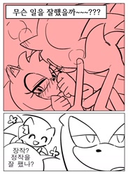 Size: 1028x1407 | Tagged: suggestive, artist:tamjeong_sonic, amy rose, shadow the hedgehog, sonic the hedgehog, 2026, amy x sonic, blushing, comic, eyes closed, korean text, lidded eyes, looking at them, lying down, monochrome, shipping, simple background, speech bubble, straight, trio