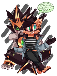 Size: 1024x1366 | Tagged: safe, artist:galaxynite, nicole the hololynx, shard the metal, lynx, 2018, alternate outfit, blank background, clothes, dialogue, duo, english text, female, heart, hololynx, jacket, male, robot, shardicole, shipping, speech bubble, straight, watermark