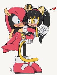 Size: 769x1000 | Tagged: safe, artist:pepamintopatty, honey the cat, mighty the armadillo, armadillo, cat, 2022, blushing, carrying them, duo, female, happy, heart, honey x mighty, male, shipping, straight, white background