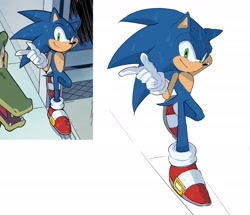 Size: 2048x1764 | Tagged: safe, artist:tamjeong_sonic, sonic the hedgehog, 2026, hand behind head, looking at viewer, redraw, reference inset, simple background, smile, solo, sonic the hedgehog (idw), standing, water, wet, white background