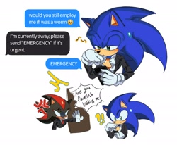 Size: 2261x1866 | Tagged: safe, artist:tamjeong_sonic, shadow the hedgehog, sonic the hedgehog, 2026, angry, cross popping vein, door, duo, english text, gay, holding something, looking at them, phone, shadow x sonic, shadowed face, shipping, simple background, texting, white background