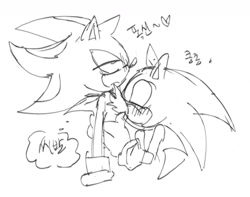 Size: 1340x1054 | Tagged: safe, artist:tamjeong_sonic, shadow the hedgehog, sonic the hedgehog, 2025, blushing, duo, eyes closed, gay, greyscale, heart, korean text, lidded eyes, monochrome, shadow x sonic, shipping, simple background, sketch, standing, white background