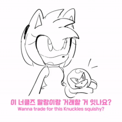 Size: 720x720 | Tagged: safe, artist:tamjeong_sonic, amy rose, knuckles the echidna, rouge the bat, sonic the hedgehog, 2025, animated, blushing, duo, english text, eyes closed, greyscale, hands together, holding something, implied knuxouge, implied shipping, implied sonamy, implied straight, korean text, monochrome, mouth open, simple background, sketch, smile, sound, toy, webm, white background