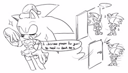 Size: 2268x1301 | Tagged: safe, artist:tamjeong_sonic, shadow the hedgehog, sonic the hedgehog, 2025, comic, crossdressing, door, duo, english text, eyes closed, gay, greyscale, lidded eyes, looking at each other, looking at them, monochrome, mouth open, santa hat, shadow x sonic, shipping, shipping denied, simple background, smile, speech bubble, standing, white background