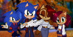 Size: 1920x974 | Tagged: safe, artist:reinadecorazonez, manik acorn, sally acorn, sonia acorn, sonic the hedgehog, chipmunk, hedgehog, 2024, alternate outfit, autumn, clothes, family, fully clothed, outside, pants, quartet, sally x sonic, shipping, shirt, siblings, spring, straight, tongue out