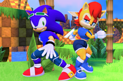 Size: 1471x975 | Tagged: safe, artist:roythepichu, sally acorn, sonic the hedgehog, chipmunk, hedgehog, green hill zone, 2021, 3d, clothes, duo, fully clothed, glasses, sally x sonic, sally's ringblader outfit, shipping, shirt, shorts, source filmmaker, straight