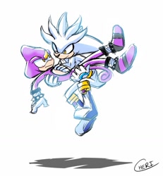 Size: 1347x1455 | Tagged: safe, artist:cherikyuari, espio the chameleon, silver the hedgehog, 2020, carrying them, duo, gay, holding them, looking at each other, mid-air, shipping, signature, silvio, simple background, smile, white background, wink