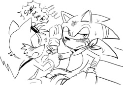 Size: 741x517 | Tagged: safe, artist:fannfare, miles "tails" prower, sonic the hedgehog, 2017, blushing, concerned, dialogue, duo, english text, gay, injured, scratch (injury), scuff mark, shipping, simple background, sitting, sonic boom (tv), sonic x tails, sweatdrop, talking, text, white background