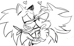 Size: 701x442 | Tagged: safe, artist:fannfare, shadow the hedgehog, sonic the hedgehog, 2017, blushing, duo, frown, gay, heart, holding each other, line art, shadow x sonic, shipping, simple background, smile, sonic boom (tv), white background