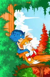 Size: 620x960 | Tagged: safe, artist:coffie-76, miles "tails" prower, sonic the hedgehog, 2017, blushing, clouds, cute, daytime, duo, floppy ears, hugging, outdoors, sitting, smile, sonabetes, tailabetes, tree