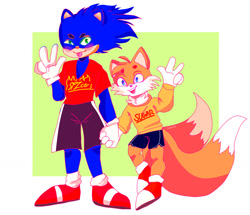 Size: 1280x1102 | Tagged: safe, artist:gutz-n-gl0ry, miles "tails" prower, sonic the hedgehog, 2018, alternate outfit, beanbrows, clothes, duo, holding hands, looking at viewer, shirt, shorts, smile, smiling at viewer, standing, v sign, words on a shirt