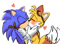 Size: 846x627 | Tagged: safe, artist:fannfare, miles "tails" prower, sonic the hedgehog, 2017, blushing, duo, eyes closed, gay, heart, kiss, shipping, simple background, sketch, sonic boom (tv), sonic x tails, white background