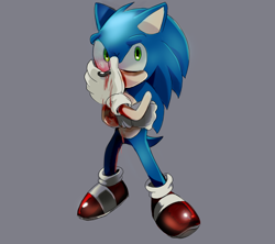 Size: 3000x2659 | Tagged: safe, artist:fannfare, sonic the hedgehog, 2017, blood, blood splatter, covering mouth, grey background, looking at viewer, simple background, solo, standing