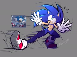 Size: 2048x1518 | Tagged: safe, artist:tsuukiyaki, sonic the hedgehog, 2025, chest fluff, frown, grey background, looking offscreen, looking up, redraw, reference inset, signature, simple background, sketch, skidding, solo
