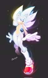 Size: 1261x2048 | Tagged: safe, artist:tsuukiyaki, sonic the hedgehog, 2025, alternate eye color, black background, blue eyes, clenched teeth, flying, hyper form, hyper sonic, leg warmers, looking offscreen, mid-air, signature, simple background, solo, sparkles