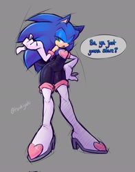 Size: 1613x2048 | Tagged: safe, artist:tsuukiyaki, sonic the hedgehog, 2025, crossdressing, dialogue, english text, femboy, grey background, hand on hip, lidded eyes, outfit swap, pointing, rouge's heart top, signature, simple background, sketch, solo, speech bubble, standing, stupid sexy sonic, talking, talking to viewer, text