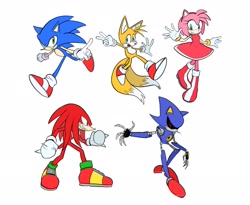 Size: 2048x1680 | Tagged: safe, artist:mueroogduolc, amy rose, knuckles the echidna, metal sonic, miles "tails" prower, sonic the hedgehog, 2026, black sclera, clenched fists, flat colors, group, pointing, robot, simple background, smile, v sign, waving, white background