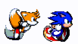 Size: 1030x580 | Tagged: safe, artist:melohrush, miles "tails" prower, sonic the hedgehog, 2026, animated, duo, gif, running, simple background, spinning tails, white background