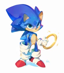 Size: 1200x1363 | Tagged: safe, artist:nicholas kole, sonic the hedgehog, alternate eye color, blue eyes, holding something, lineless, redesign, ring, simple background, smile, solo, standing, white background