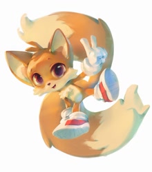 Size: 1200x1365 | Tagged: safe, artist:nicholas kole, miles "tails" prower, alternate eye color, brown eyes, chest fluff, cute, lineless, looking at viewer, mid-air, redesign, simple background, smile, smiling at viewer, solo, tailabetes, v sign, white background