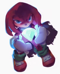 Size: 1200x1483 | Tagged: safe, artist:nicholas kole, knuckles the echidna, alternate eye color, blue eyes, chaos emerald, cute, frown, glowing, knucklebetes, lineless, looking at viewer, looking up, looking up at viewer, redesign, simple background, solo, standing, white background