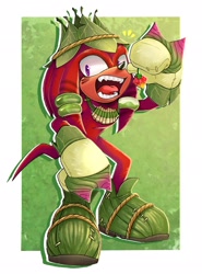 Size: 1516x2048 | Tagged: safe, artist:shanzehpoo, knuckles the echidna, sonic prime, 2024, berry, fangs, food, fruit, gnarly knuckles, holding something, looking at viewer, mouth open, sharp teeth, solo, standing