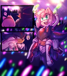 Size: 1813x2048 | Tagged: safe, artist:gummierat, amy rose, shadow the hedgehog, hedgehog, 2025, amy x shadow, carrying them, comic, concert, duo, exclamation mark, female, holding something, male, shipping, speech bubble, straight