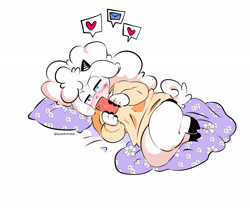 Size: 2601x2164 | Tagged: safe, artist:quaverdraws, lanolin the sheep, sheep, 2025, alternate outfit, bed, blanket, blushing, clothes, female, gadget x lanolin, heart, holding something, looking at something, lying down, message, phone, pillow, shipping, solo, speech bubble, straight