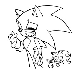 Size: 2000x2000 | Tagged: safe, artist:tamjeong_sonic, shadow the hedgehog, sonic the hedgehog, 2025, blushing, duo, eyes closed, gay, greyscale, holding something, monochrome, mouth open, shadow x sonic, shipping, sign, simple background, smile, standing, white background