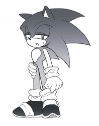 Size: 1184x1506 | Tagged: safe, artist:tamjeong_sonic, sonic the hedgehog, 2025, greyscale, hand on own leg, lidded eyes, monochrome, mouth open, simple background, solo, standing, white background