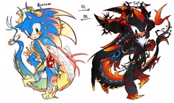 Size: 2048x1214 | Tagged: safe, artist:tamjeong_sonic, shadow the hedgehog, sonic the hedgehog, 2025, alternate universe, arrow, duo, english text, gay, halo, horns, korean text, shadow x sonic, shadow's logo, shipping, simple background, white background, wings