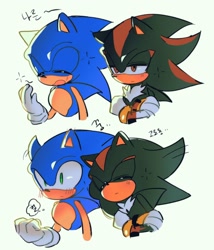 Size: 1920x2244 | Tagged: safe, artist:tamjeong_sonic, shadow the hedgehog, sonic the hedgehog, 2025, blushing, duo, eyes closed, gay, korean text, leaning on them, lidded eyes, mouth open, shadow x sonic, shipping, simple background, tired, yawning