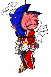 Size: 1503x2268 | Tagged: safe, artist:tamjeong_sonic, amy rose, sonic the hedgehog, 2025, amy x sonic, blushing, duo, eyes closed, korean text, mouth open, shipping, simple background, speech bubble, straight, tears, tied up, white background