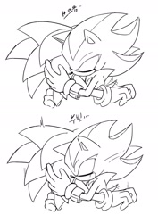 Size: 1380x1954 | Tagged: safe, artist:tamjeong_sonic, shadow the hedgehog, sonic the hedgehog, 2025, duo, eyes closed, gay, greyscale, hugging, korean text, monochrome, shadow x sonic, shipping, simple background, white background