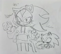 Size: 1985x1763 | Tagged: safe, artist:tamjeong_sonic, shadow the hedgehog, sonic the hedgehog, 2025, cute, duo, english text, eyes closed, gay, grey background, greyscale, hood up, hoodie, korean text, monochrome, pencilwork, shadow x sonic, shadowbetes, shipping, simple background, sketch, smile, standing, traditional media